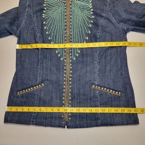 Chico's Denim Jacket with Turquoise and Bronze Color Beading Western Boho - Picture 11 of 12